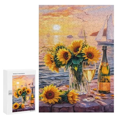 Eine Stilllebensszene mit Sonnenblumen, Champagner und einem Sonnenuntergang am Meer. Klassisches Holzpuzzle für Erwachsene mit 300 Teilen Eine Stilllebensszene mit Sonnenblumen, Champagner und einem Sonnenuntergang am Meer. Klassisches Holzpuzzle für Erwachsene mit 300 Teilen von Generisch