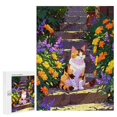 Eine bezaubernde Katze sitzt auf den Steinstufen umgeben von lebendigen Blumen 500 Teile Tier Classic Holzpuzzle für Erwachsene von Generisch
