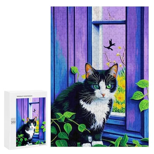 Eine bezaubernde Katze sitzt auf der Fensterbank. 300 Teile Tierpuzzle aus Holz, klassisches Puzzle für Erwachsene von Generisch
