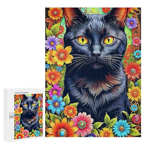 Eine bezaubernde Katze umgeben von lebendigen Blumen. Klassisches Holzpuzzle für Erwachsene, 500 Teile von Generisch