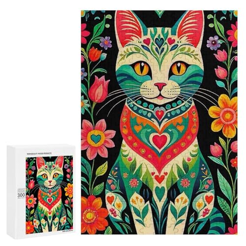 Eine bunte, aufwendig gestaltete Katze umgeben von lebendigen Blumen. 1300 Teile Tierpuzzle aus Holz, klassisches Holzpuzzle für Erwachsene Eine bunte, aufwendig gestaltete Katze umgeben von lebendigen Blumen. 1300 Teile Tierpuzzle aus Holz, klassisches Holzpuzzle für Erwachsene von Generisch