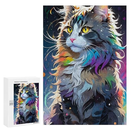 Eine bunte, kosmische Katze, die anmutig sitzt. 300 Teile Tier-Puzzle aus Holz, klassisches Puzzle für Erwachsene von Generisch
