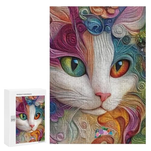 Eine bunte, künstlerische Darstellung eines Katzengesichts umgeben von wirbelnden Mustern und Blumen. Klassisches Holzpuzzle mit 300 Teilen für Erwachsene Eine bunte, künstlerische Darstellung eines Katzengesichts umgeben von wirbelnden Mustern und Blumen. Klassisches Holzpuzzle mit 300 Teilen für Erwachsene von Generisch