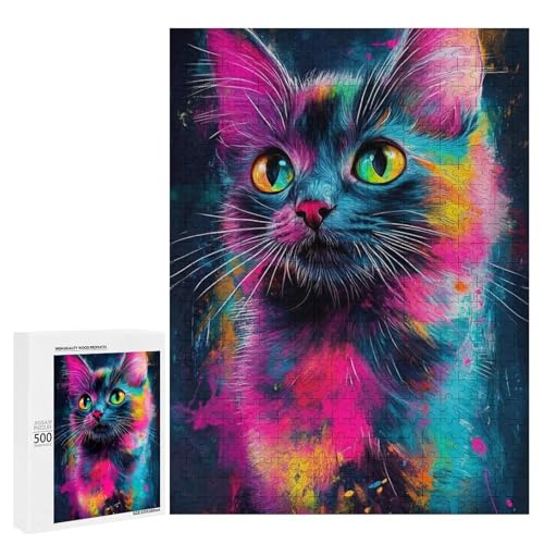 Eine bunte, lebendige Katze mit auffälligen Augen, 500 Teile, klassisches Holzpuzzle für Erwachsene Eine bunte, lebendige Katze mit auffälligen Augen, 500 Teile, klassisches Holzpuzzle für Erwachsene von Generisch