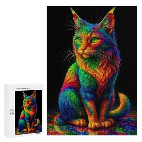 Eine bunte, regenbogengestreifte Katze sitzt auf einem lebhaften Fliesenboden. 300 Teile Tierpuzzle aus Holz, klassisches Holzpuzzle für Erwachsene von Generisch