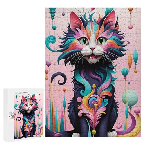 Eine bunte, skurrile Katze umgeben von lebendigen Dekorationen. 500 Teile Tierpuzzle aus Holz, klassisches Puzzle für Erwachsene Eine bunte, skurrile Katze umgeben von lebendigen Dekorationen. 500 Teile Tierpuzzle aus Holz, klassisches Puzzle für Erwachsene von Generisch