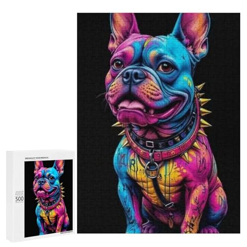 Eine bunte, tätowierte Bulldogge, die vor einem schwarzen Hintergrund sitzt, 500 Teile Tier, klassisches Holzpuzzle für Erwachsene Eine bunte, tätowierte Bulldogge, die vor einem schwarzen Hintergrund sitzt, 500 Teile Tier, klassisches Holzpuzzle für Erwachsene von Generisch