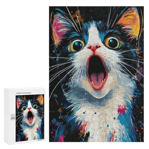 Eine bunte, überraschte Katze mit lebendigen Farbspritzern. Klassisches Holzpuzzle mit 300 Teilen für Erwachsene Eine bunte, überraschte Katze mit lebendigen Farbspritzern. Klassisches Holzpuzzle mit 300 Teilen für Erwachsene von Generisch