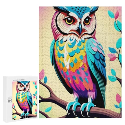 Eine bunte Eule, die auf einem Ast sitzt, 500 Teile Tier, klassisches Holzpuzzle für Erwachsene von Generisch