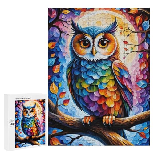 Eine bunte Eule, die auf einem lebhaften Baumzweig sitzt, 500 Teile Tier, klassisches Holzpuzzle für Erwachsene von Generisch