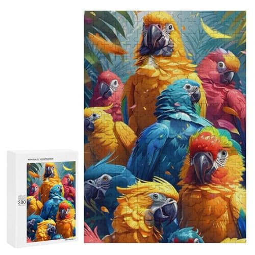 Eine bunte Gruppe von Papageien in tropischer Umgebung. 300 Teile Tierpuzzle aus Holz, klassisches Holzpuzzle für Erwachsene von Generisch