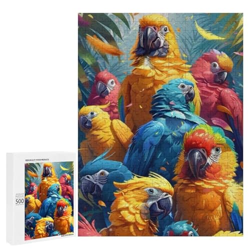 Eine bunte Gruppe von Papageien in tropischer Umgebung. 500 Teile Tierpuzzle aus Holz, klassisches Puzzle für Erwachsene von Generisch