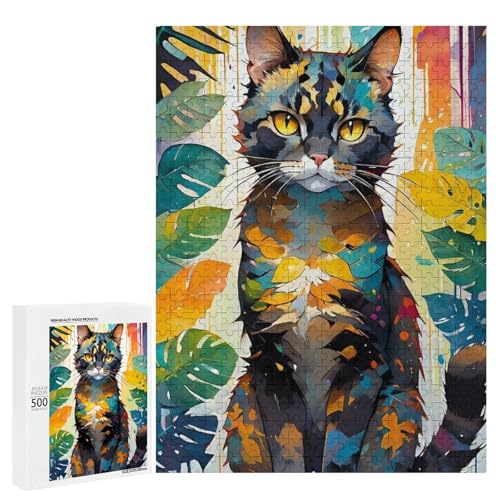 Eine bunte Katze, umgeben von lebhaften Blättern, 500 Teile Tier, klassisches Holzpuzzle für Erwachsene Eine bunte Katze, umgeben von lebhaften Blättern, 500 Teile Tier, klassisches Holzpuzzle für Erwachsene von Generisch