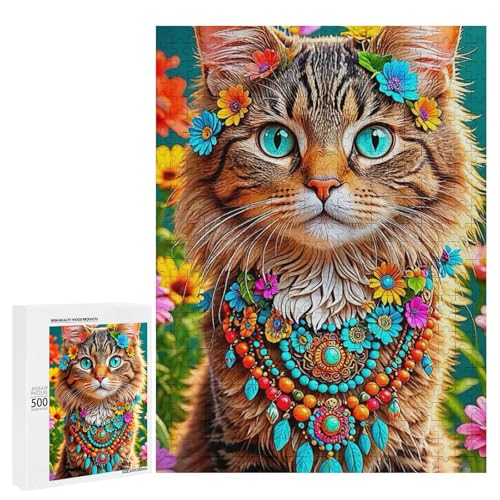 Eine bunte Katze, verziert mit Blumen und Schmuck. 500 Teile Tierpuzzle aus Holz, klassisches Puzzle für Erwachsene von Generisch