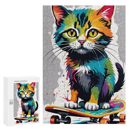 Eine bunte Katze auf einem Skateboard, 300 Teile, klassisches Holzpuzzle für Erwachsene von Generisch