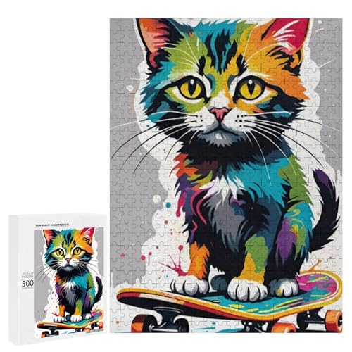 Eine bunte Katze auf einem Skateboard, 500 Teile Tier, klassisches Holzpuzzle für Erwachsene Eine bunte Katze auf einem Skateboard, 500 Teile Tier, klassisches Holzpuzzle für Erwachsene von Generisch