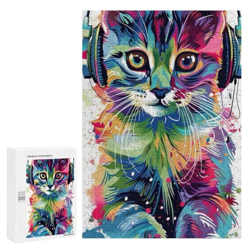 Eine bunte Katze mit Kopfhörern. Klassisches Holzpuzzle für Erwachsene, 300 Teile von Generisch