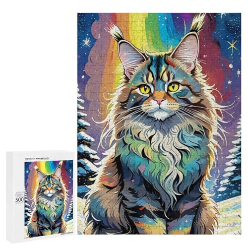 Eine bunte Katze sitzt in einer verschneiten Landschaft mit einem Regenbogen im Hintergrund, 500 Teile Tier, klassisches Holzpuzzle für Erwachsene von Generisch
