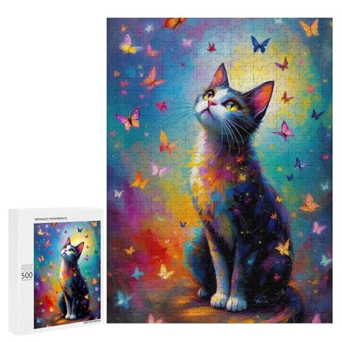 Eine bunte Katze umgeben von Schmetterlingen. 500 Teile Tierpuzzle aus Holz, klassisches Puzzle für Erwachsene Eine bunte Katze umgeben von Schmetterlingen. 500 Teile Tierpuzzle aus Holz, klassisches Puzzle für Erwachsene von Generisch