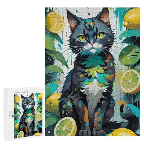 Eine bunte Katze umgeben von Zitronen und Blättern 500 Teile Tier klassisches Holzpuzzle für Erwachsene von Generisch