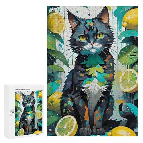 Eine bunte Katze umgeben von Zitronen und Blättern. Klassisches Holzpuzzle für Erwachsene, 300 Teile von Generisch