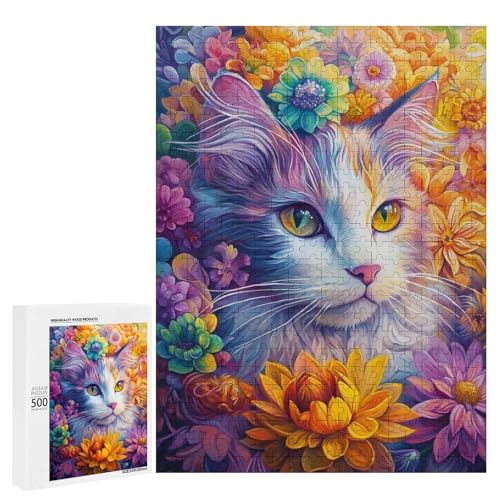 Eine bunte Katze umgeben von lebendigen Blumen. 1 x 500 Teile Tierpuzzle aus Holz, klassisches Holzpuzzle für Erwachsene Eine bunte Katze umgeben von lebendigen Blumen. 1 x 500 Teile Tierpuzzle aus Holz, klassisches Holzpuzzle für Erwachsene von Generisch