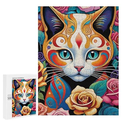 Eine bunte Katze umgeben von lebendigen Rosen. 500 Teile Tierpuzzle aus Holz, klassisches Puzzle für Erwachsene Eine bunte Katze umgeben von lebendigen Rosen. 500 Teile Tierpuzzle aus Holz, klassisches Puzzle für Erwachsene von Generisch