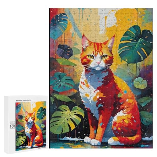 Eine bunte Katze umgeben von lebhaften Blättern. 2 500 Teile Tierpuzzle aus Holz, klassisches Holzpuzzle für Erwachsene von Generisch