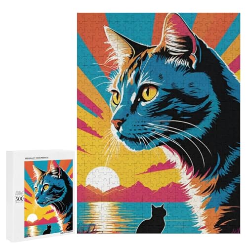 Eine bunte Katzen-Silhouette vor einem lebendigen Sonnenuntergang-Hintergrund, 500 Teile Tier, klassisches Holzpuzzle für Erwachsene Eine bunte Katzen-Silhouette vor einem lebendigen Sonnenuntergang-Hintergrund, 500 Teile Tier, klassisches Holzpuzzle für Erwachsene von Generisch