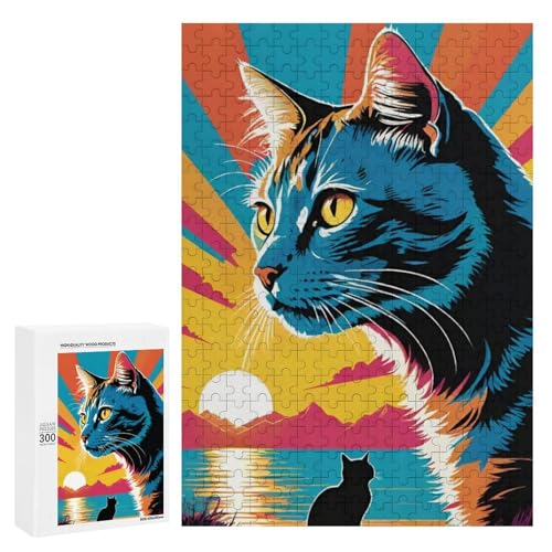 Eine bunte Katzen-Silhouette vor einem lebendigen Sonnenuntergang-Hintergrund. 300-teiliges klassisches Holzpuzzle für Erwachsene Eine bunte Katzen-Silhouette vor einem lebendigen Sonnenuntergang-Hintergrund. 300-teiliges klassisches Holzpuzzle für Erwachsene von Generisch
