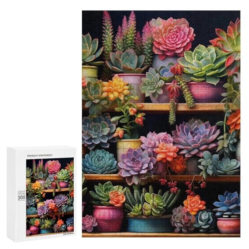 Eine bunte Sammlung von Sukkulenten auf Regalen. Klassisches Holzpuzzle für Erwachsene, 300 Teile von Generisch