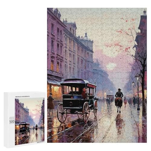Eine charmante Straßenszene mit Pferdekutschen und Menschen, die unter einem rosa Himmel spazieren gehen, 500 Teile Tier, klassisches Holzpuzzle für Erwachsene Eine charmante Straßenszene mit Pferdekutschen und Menschen, die unter einem rosa Himmel spazieren gehen, 500 Teile Tier, klassisches Holzpuzzle für Erwachsene von Generisch
