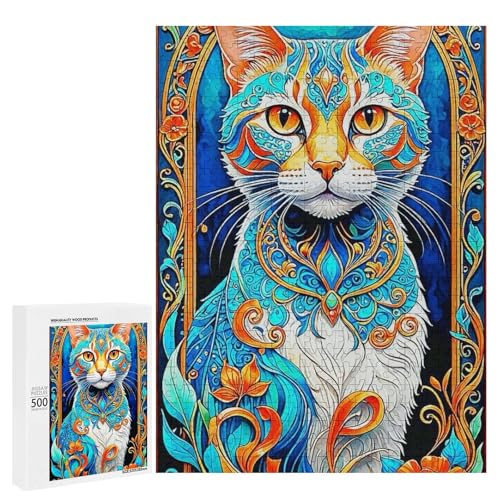 Eine farbenfrohe, aufwendig gestaltete Katze umgeben von lebendigen Blumen. 500 Teile Tierpuzzle aus Holz, klassisches Holzpuzzle für Erwachsene Eine farbenfrohe, aufwendig gestaltete Katze umgeben von lebendigen Blumen. 500 Teile Tierpuzzle aus Holz, klassisches Holzpuzzle für Erwachsene von Generisch