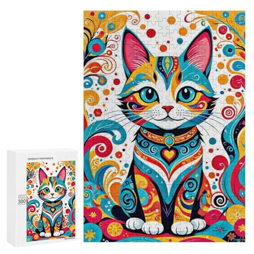 Eine farbenfrohe, künstlerische Darstellung einer Katze umgeben von lebendigen Mustern. Klassisches Holzpuzzle mit 300 Teilen für Erwachsene Eine farbenfrohe, künstlerische Darstellung einer Katze umgeben von lebendigen Mustern. Klassisches Holzpuzzle mit 300 Teilen für Erwachsene von Generisch