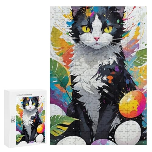Eine farbenfrohe, künstlerische Darstellung einer schwarz-weißen Katze, umgeben von lebendigen Luftballons und Blättern. Klassisches Holzpuzzle mit 300 Teilen für Erwachsene Eine farbenfrohe, künstlerische Darstellung einer schwarz-weißen Katze, umgeben von lebendigen Luftballons und Blättern. Klassisches Holzpuzzle mit 300 Teilen für Erwachsene von Generisch