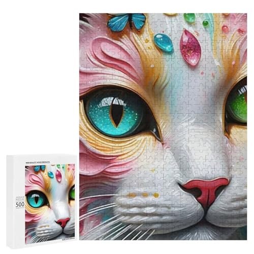 Eine farbenfrohe, künstlerische Darstellung eines Katzengesichts mit lebendigen Augen und einem Schmetterling auf der Stirn, 500 Teile Tier, klassisches Holzpuzzle für Erwachsene von Generisch