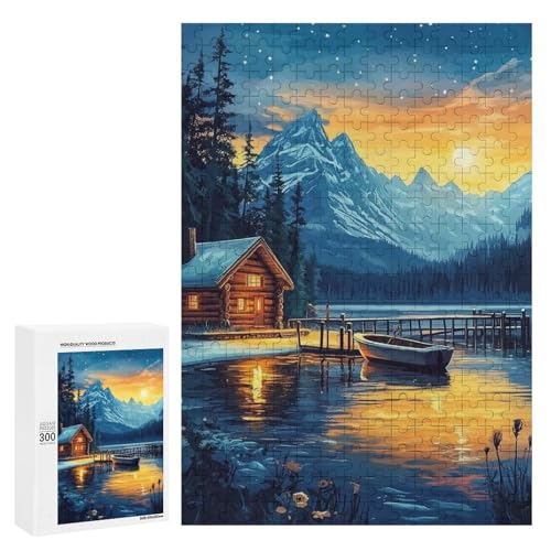 Eine gemütliche Hütte am See mit Bergen im Hintergrund. Klassisches Holzpuzzle für Erwachsene mit 300 Teilen Eine gemütliche Hütte am See mit Bergen im Hintergrund. Klassisches Holzpuzzle für Erwachsene mit 300 Teilen von Generisch