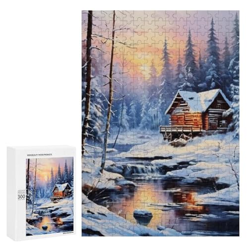 Eine gemütliche Hütte eingebettet in einen verschneiten Wald mit einem ruhigen Bach, der das warme Leuchten der untergehenden Sonne reflektiert. Klassisches Holzpuzzle mit 300 Teilen für Erwachsene Eine gemütliche Hütte eingebettet in einen verschneiten Wald mit einem ruhigen Bach, der das warme Leuchten der untergehenden Sonne reflektiert. Klassisches Holzpuzzle mit 300 Teilen für Erwachsene von Generisch