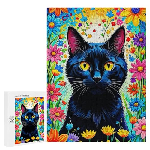 Eine lebendige schwarze Katze, umgeben von einer bunten Blumenexplosion, 500 Teile Tier, klassisches Holzpuzzle für Erwachsene von Generisch
