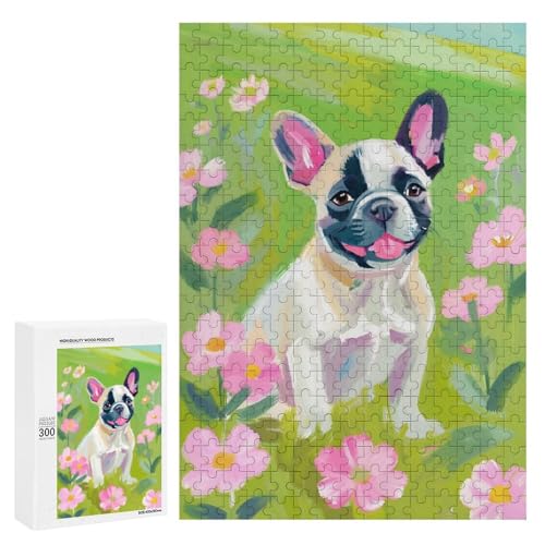 Eine niedliche französische Bulldogge umgeben von rosa Blumen. Klassisches Holzpuzzle für Erwachsene mit 300 Teilen Eine niedliche französische Bulldogge umgeben von rosa Blumen. Klassisches Holzpuzzle für Erwachsene mit 300 Teilen von Generisch