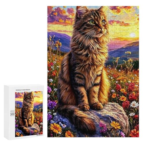Eine schöne Katze, die auf einem Felsen sitzt, umgeben von bunten Blumen. Klassisches Holzpuzzle für Erwachsene mit 300 Teilen von Generisch