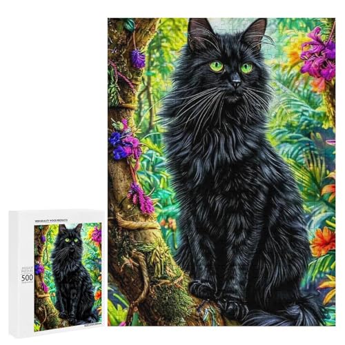 Eine schwarze Katze sitzt auf einem Baumzweig in einer lebendigen Dschungelfassung, 500 Teile Tier, klassisches Holzpuzzle für Erwachsene Eine schwarze Katze sitzt auf einem Baumzweig in einer lebendigen Dschungelfassung, 500 Teile Tier, klassisches Holzpuzzle für Erwachsene von Generisch