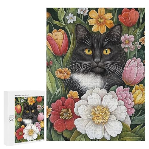 Eine schwarze Katze umgeben von bunten Blumen 500 Teile Tier klassisches Holzpuzzle für Erwachsene Eine schwarze Katze umgeben von bunten Blumen 500 Teile Tier klassisches Holzpuzzle für Erwachsene von Generisch