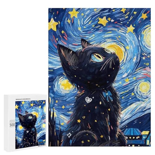 Eine schwarze Katze unter einem Sternenhimmel, 500 Teile Tier, klassisches Holzpuzzle für Erwachsene Eine schwarze Katze unter einem Sternenhimmel, 500 Teile Tier, klassisches Holzpuzzle für Erwachsene von Generisch