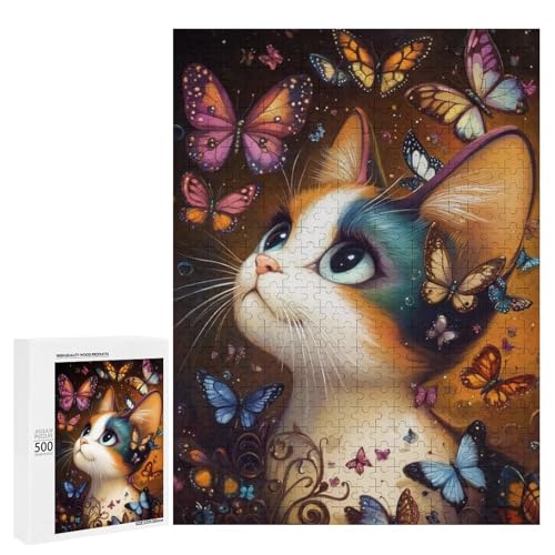 Eine skurrile Katze umgeben von bunten Schmetterlingen. 500 Teile Tierpuzzle aus Holz, klassisches Holzpuzzle für Erwachsene Eine skurrile Katze umgeben von bunten Schmetterlingen. 500 Teile Tierpuzzle aus Holz, klassisches Holzpuzzle für Erwachsene von Generisch