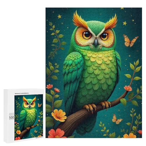 Eine süße Eule sitzt auf einem Ast umgeben von Blumen 500 Teile Tier Klassisches Holzpuzzle für Erwachsene von Generisch