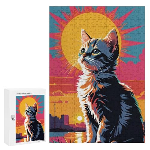 Eine süße Katze, die am Fluss unter einem lebendigen Sonnenuntergang sitzt. Klassisches Holzpuzzle mit 300 Teilen für Erwachsene Eine süße Katze, die am Fluss unter einem lebendigen Sonnenuntergang sitzt. Klassisches Holzpuzzle mit 300 Teilen für Erwachsene von Generisch