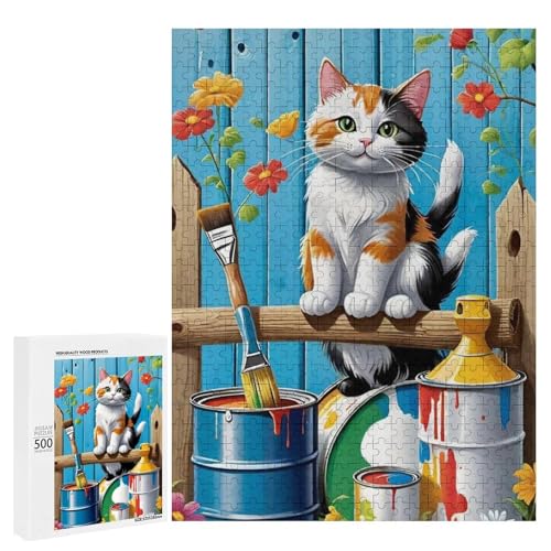 Eine süße Katze, die auf einem Holzzaun sitzt, umgeben von bunten Blumen, 500 Teile Tier, klassisches Holzpuzzle für Erwachsene von Generisch
