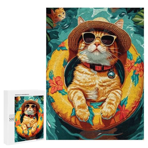 Eine süße Katze, die auf einem aufblasbaren Ring in tropischer Umgebung schwebt, 500 Teile Tier, klassisches Holzpuzzle für Erwachsene Eine süße Katze, die auf einem aufblasbaren Ring in tropischer Umgebung schwebt, 500 Teile Tier, klassisches Holzpuzzle für Erwachsene von Generisch