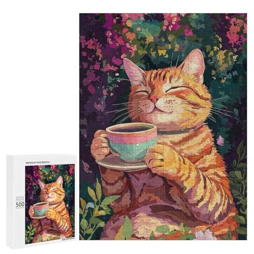 Eine süße Katze, die eine Tasse Tee in einem bunten Garten genießt. 500 Teile Tierpuzzle aus Holz, klassisches Holzpuzzle für Erwachsene von Generisch